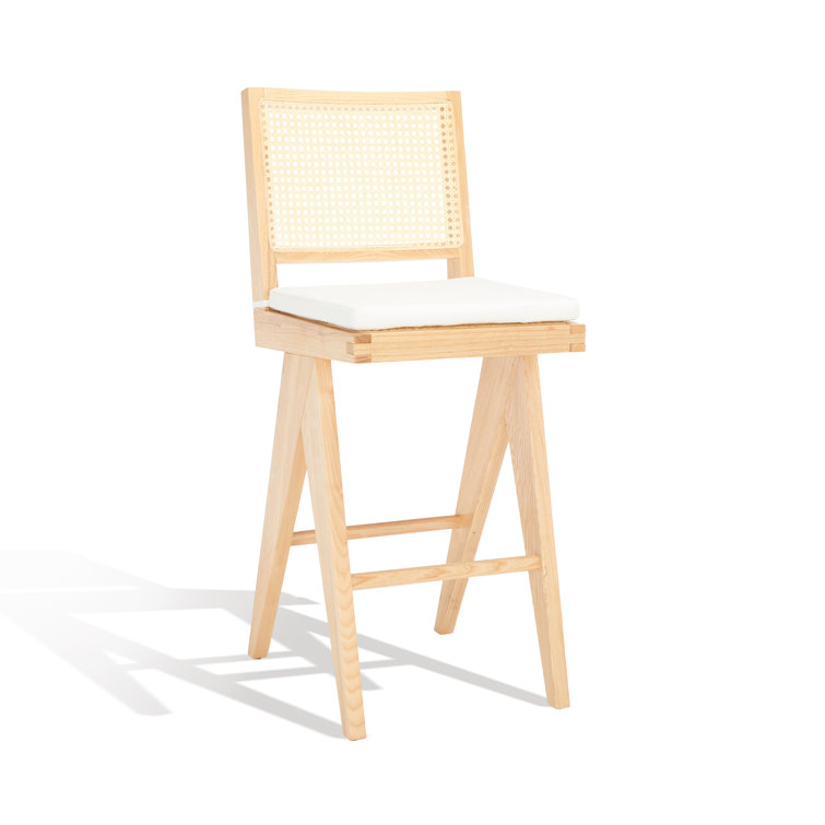 Natural Ash Wood and Rattan Bar Stool with White Cushion