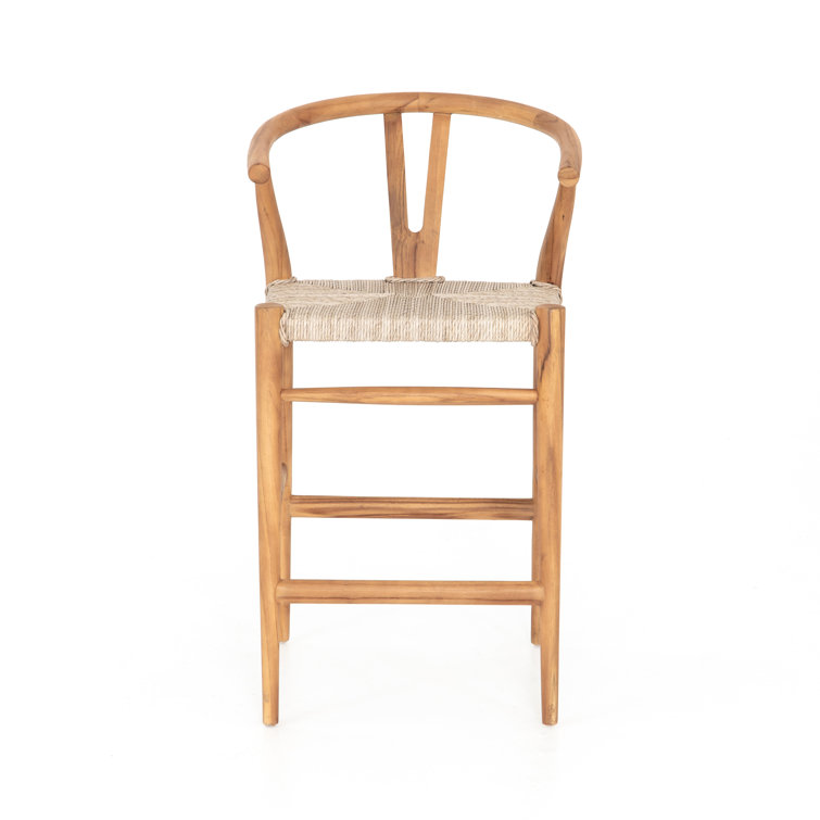 Natural Teak Wishbone-Style Counter Stool with Woven Seat