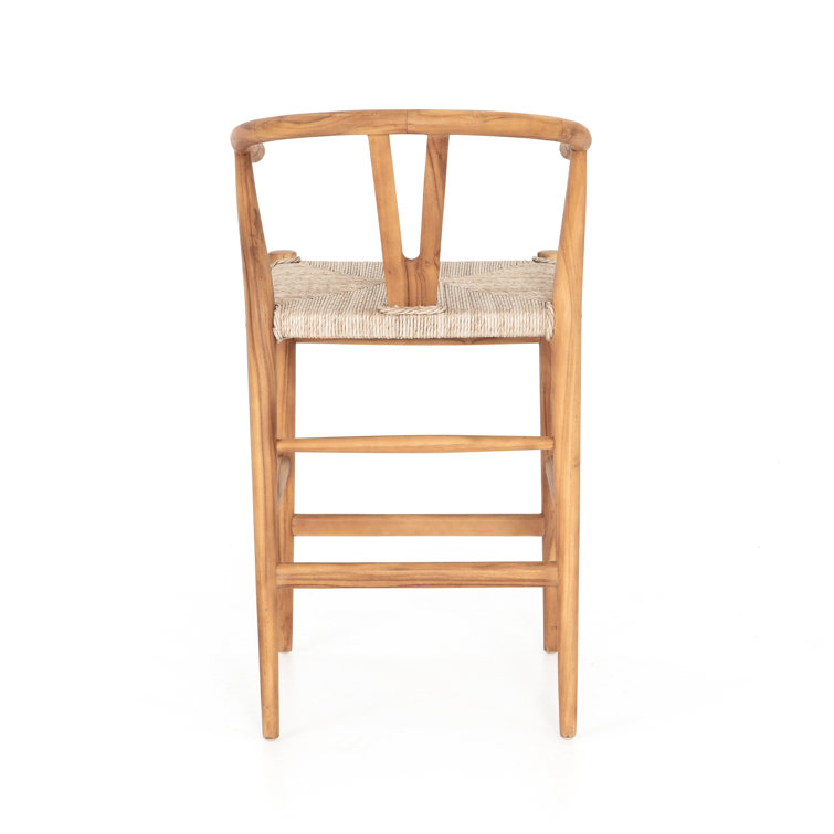 Natural Teak Wishbone-Style Counter Stool with Woven Seat