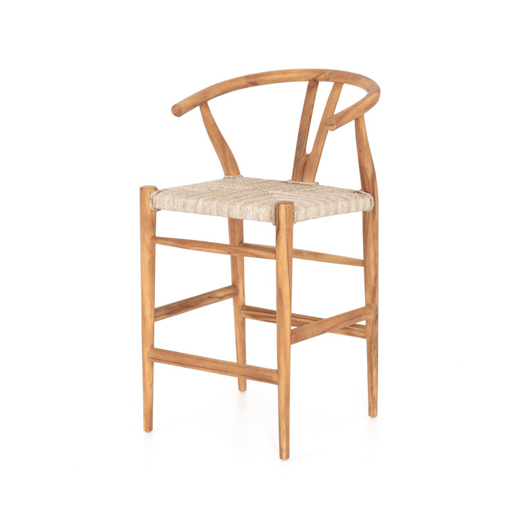 Natural Teak Wishbone-Style Counter Stool with Woven Seat
