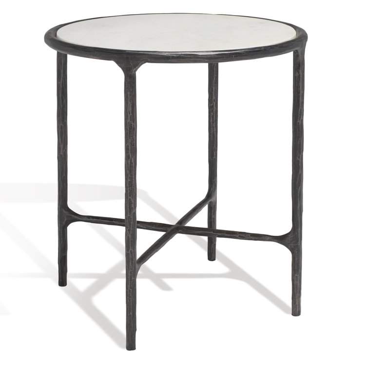 White Marble Round End Table with Black Metal Base
