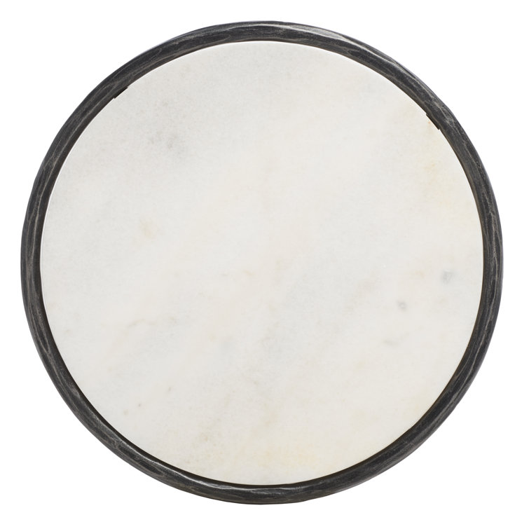 White Marble Round End Table with Black Metal Base