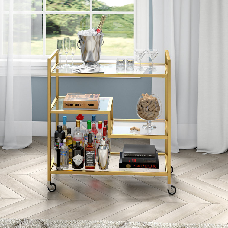 Brass and Clear Glass Rectangular Bar Cart with Storage