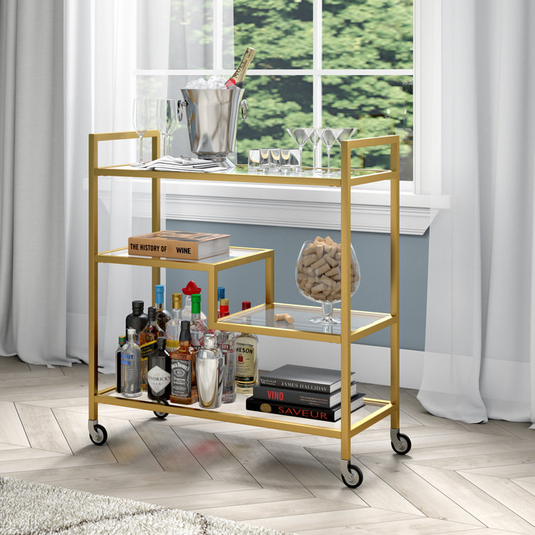 Brass and Clear Glass Rectangular Bar Cart with Storage