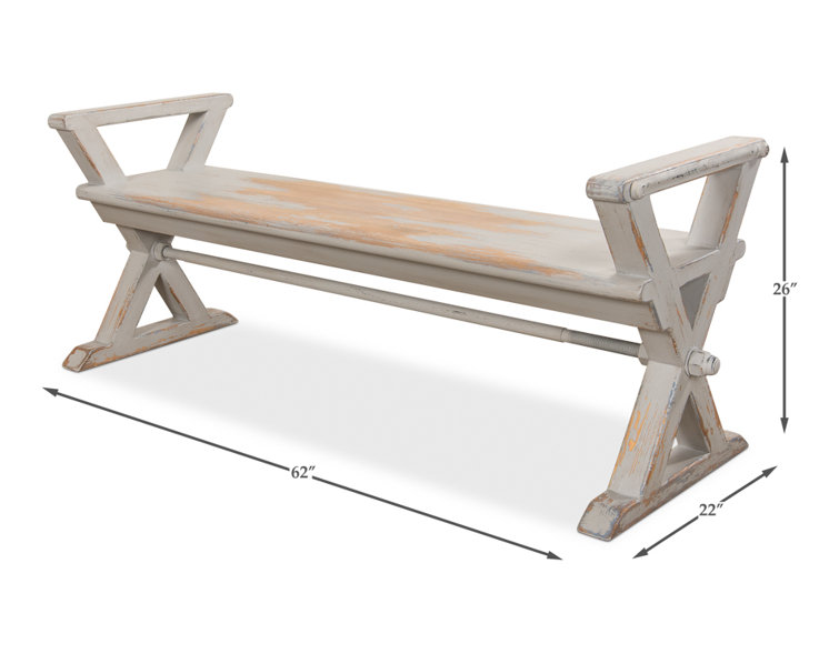 Merilee French Country Antique Replica Pine and Iron Bench in Gray