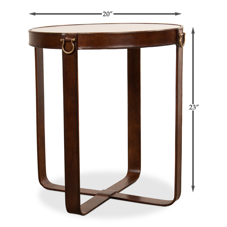 Brown Leather and Glass Round End Table with Brass Accents