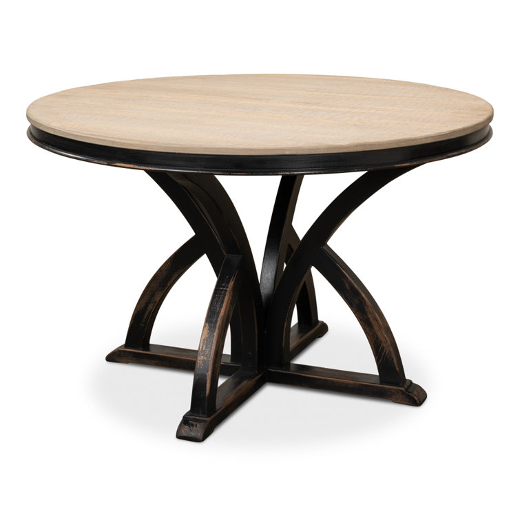 Bleached Pine and Black Round Farmhouse Pedestal Dining Table