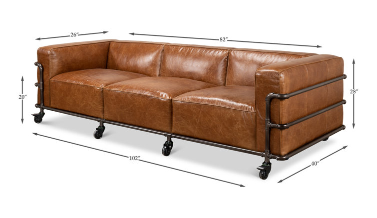 Industrial Brown Leather Sofa with Metal Frame and Casters