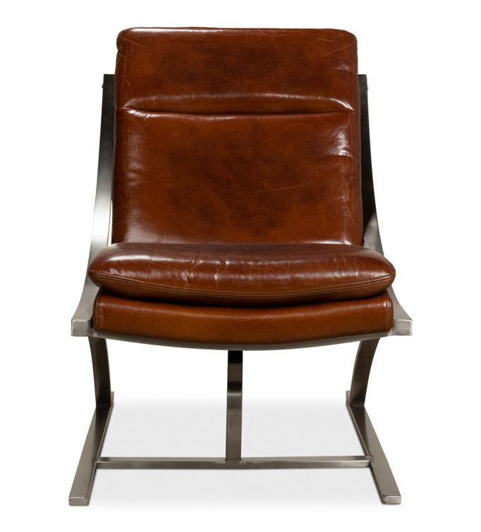Brown Genuine Leather and Metal Armless Chair