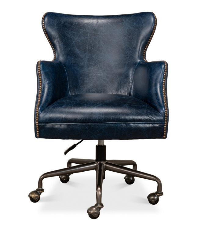 Chateau Blue Leather Swivel Arm Chair with Metal Base