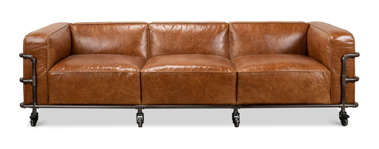 Industrial Brown Leather Sofa with Metal Frame and Casters