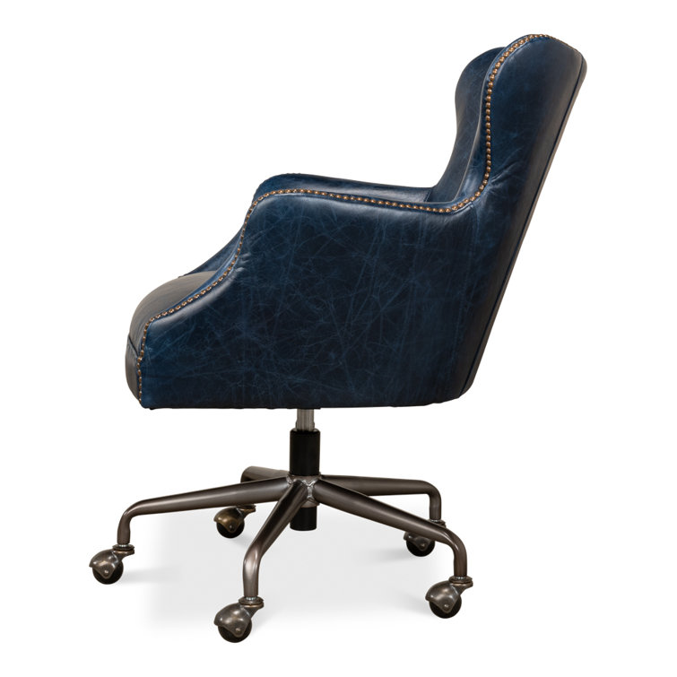 Chateau Blue Leather Swivel Arm Chair with Metal Base