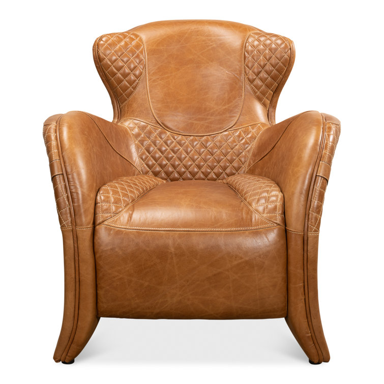 Hera Brown Genuine Leather Tufted Armchair with Solid Wood Legs