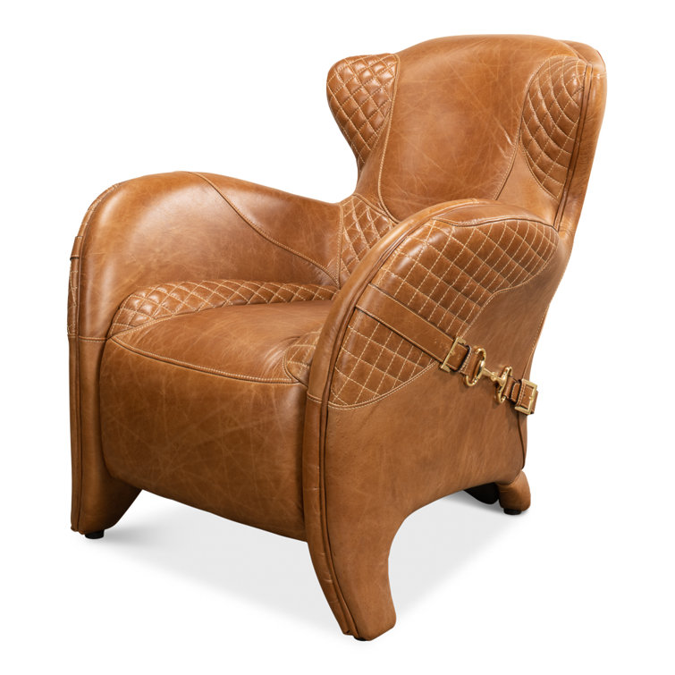 Hera Brown Genuine Leather Tufted Armchair with Solid Wood Legs