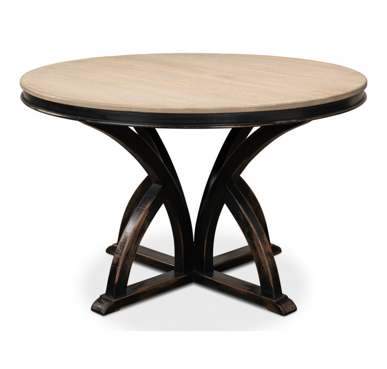 Bleached Pine and Black Round Farmhouse Pedestal Dining Table