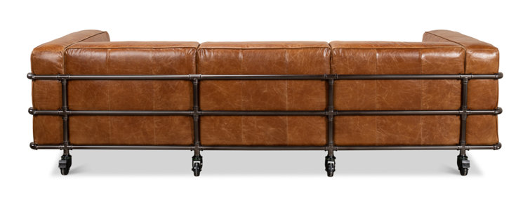 Industrial Brown Leather Sofa with Metal Frame and Casters