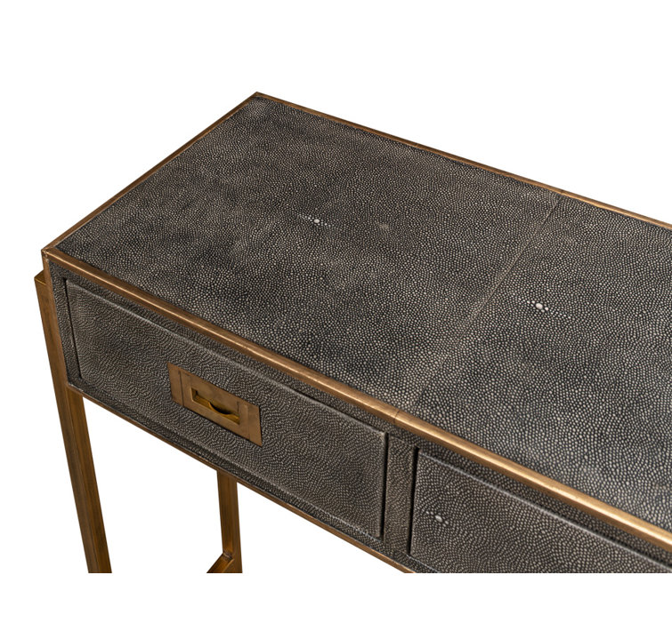 Gold and Gray Shagreen Leather Console Table with Storage