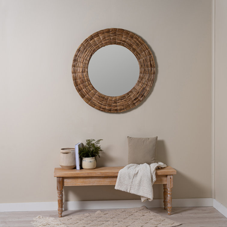 Shyla Coastal Round Rattan 35.5" Bathroom Wall Mirror