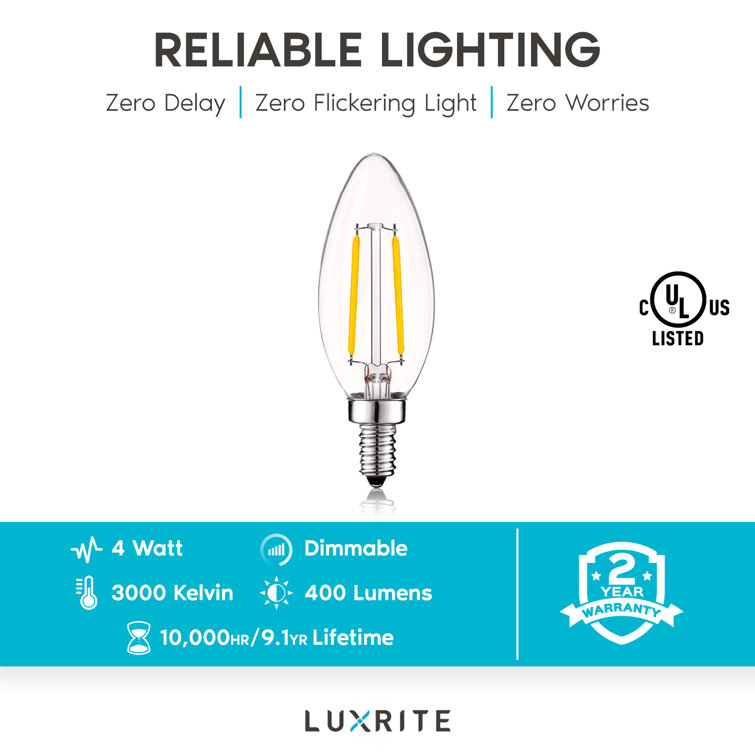 4W Dimmable White LED Candelabra Bulbs with E12 Base, 6-Pack