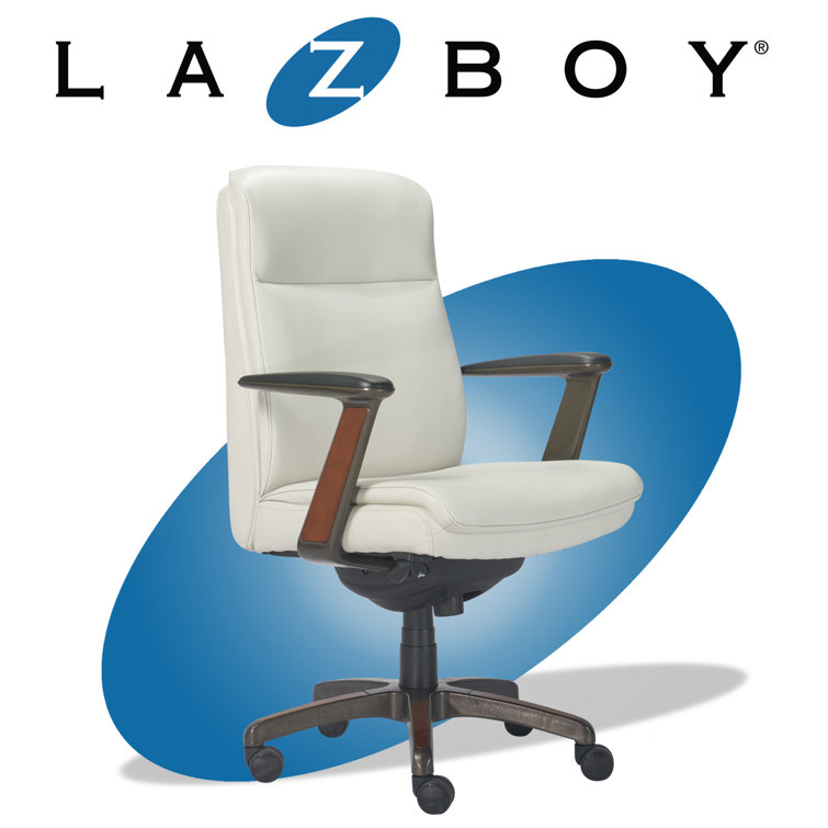 White Leather and Wood Swivel Executive Office Chair with Lumbar Support