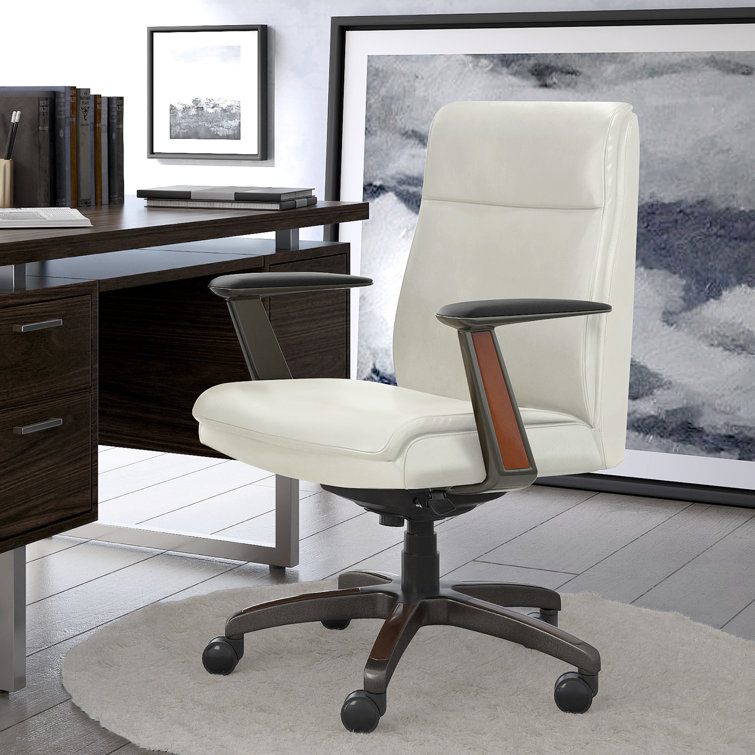 White Leather and Wood Swivel Executive Office Chair with Lumbar Support