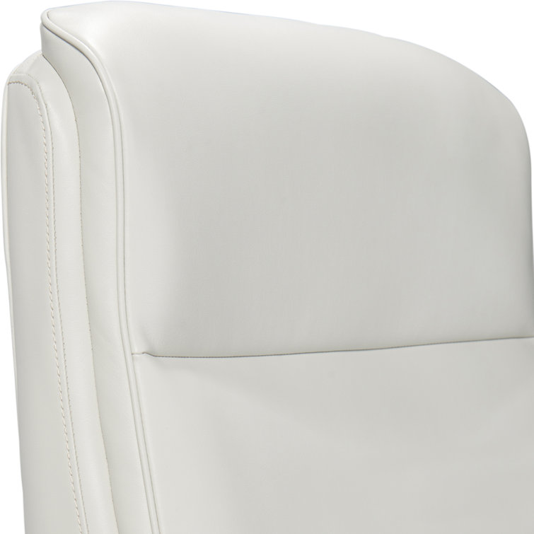 White Leather and Wood Swivel Executive Office Chair with Lumbar Support