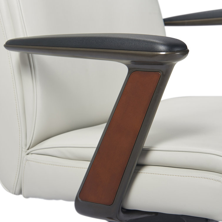 White Leather and Wood Swivel Executive Office Chair with Lumbar Support