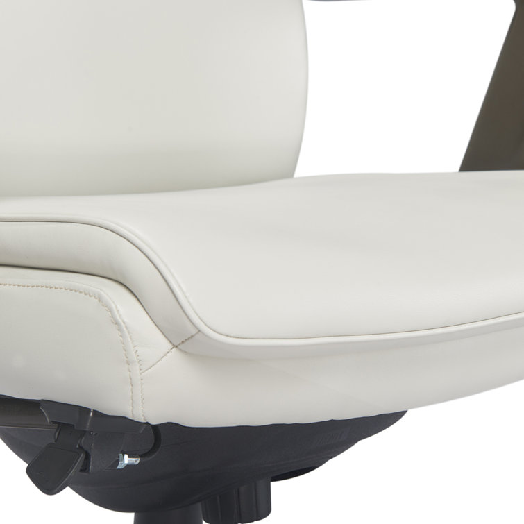 White Leather and Wood Swivel Executive Office Chair with Lumbar Support
