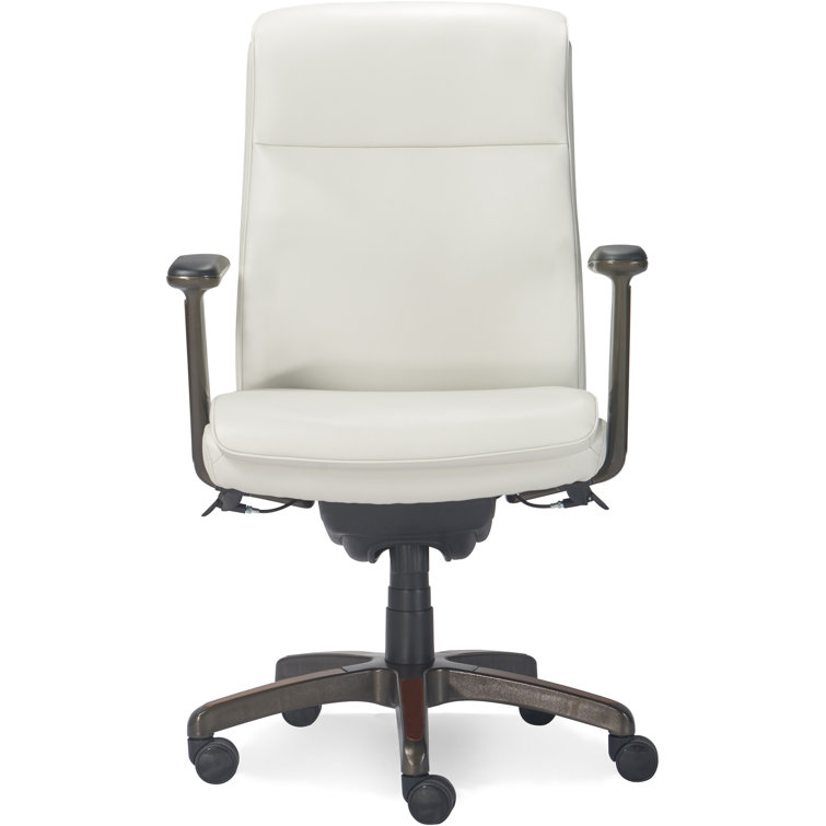 White Leather and Wood Swivel Executive Office Chair with Lumbar Support