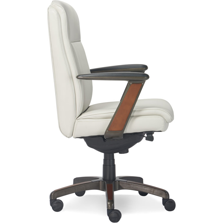 White Leather and Wood Swivel Executive Office Chair with Lumbar Support