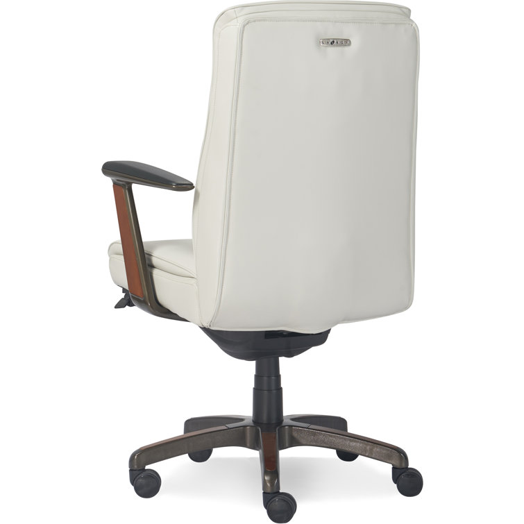 White Leather and Wood Swivel Executive Office Chair with Lumbar Support