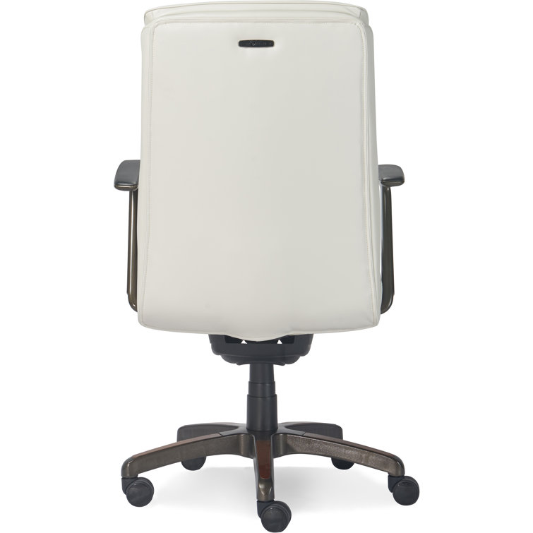 White Leather and Wood Swivel Executive Office Chair with Lumbar Support