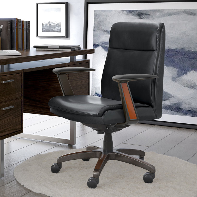 Executive High-Back Black Leather Swivel Office Chair with Wood Accents