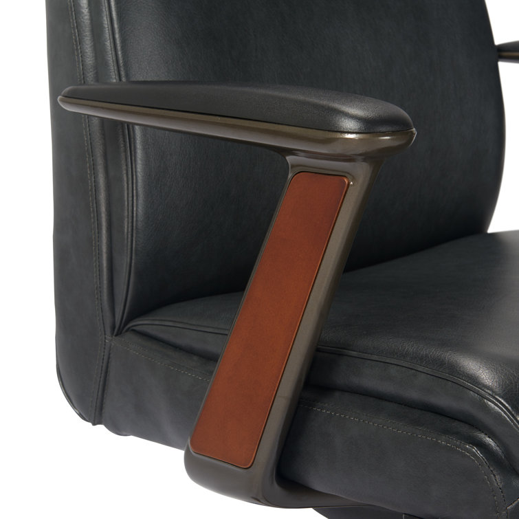 Executive High-Back Black Leather Swivel Office Chair with Wood Accents