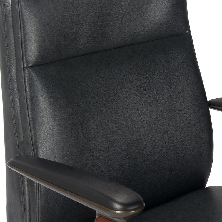Executive High-Back Black Leather Swivel Office Chair with Wood Accents
