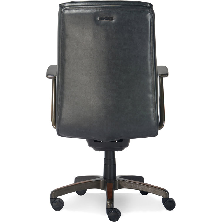 Executive High-Back Black Leather Swivel Office Chair with Wood Accents