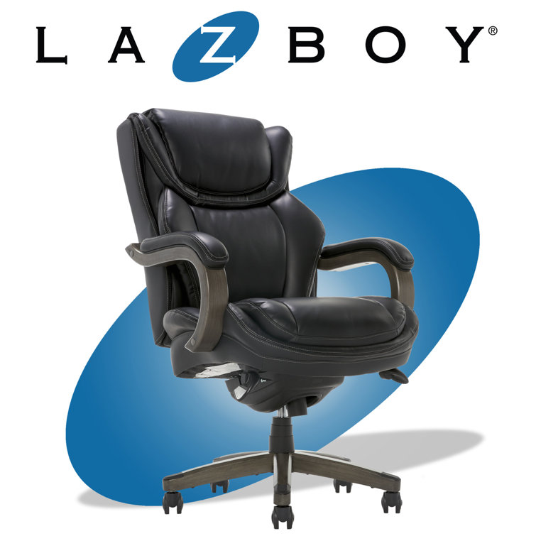 Black Leather Ergonomic Executive Office Chair with Wood Base