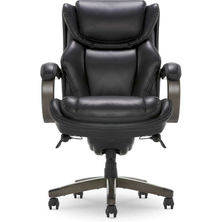 Black Leather Ergonomic Executive Office Chair with Wood Base