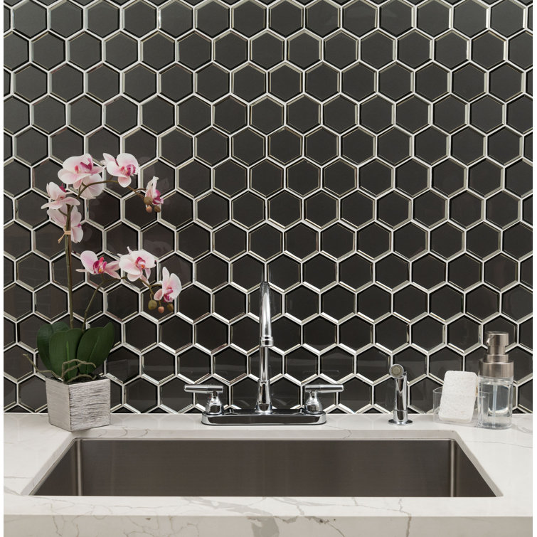 Metallic Gray Beveled Hexagon Glass Mosaic Tile