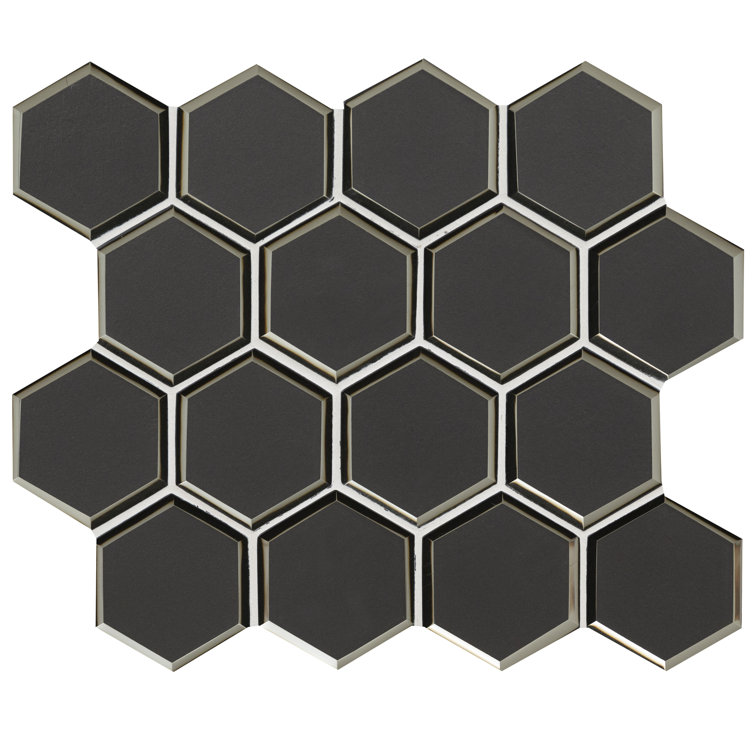 Metallic Gray Beveled Hexagon Glass Mosaic Tile