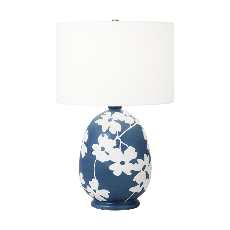 Semi Matte Navy Blue Floral Ceramic Table Lamp with White Linen Shade