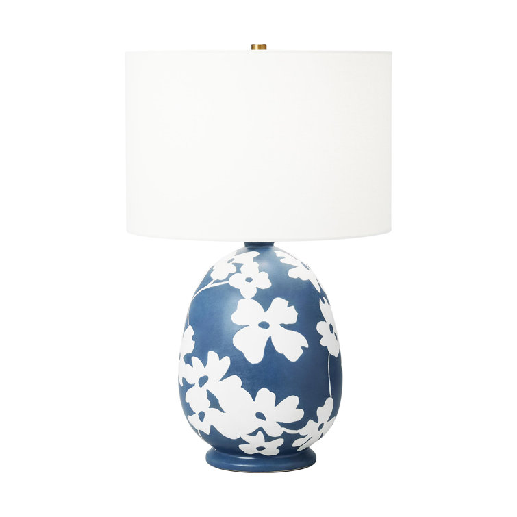 Semi Matte Navy Blue Floral Ceramic Table Lamp with White Linen Shade