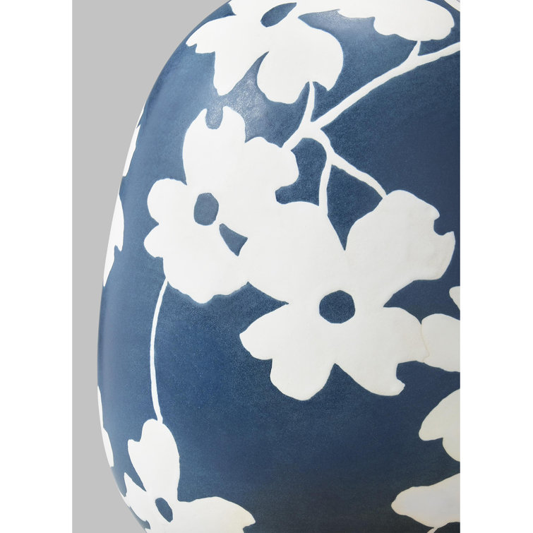 Semi Matte Navy Blue Floral Ceramic Table Lamp with White Linen Shade