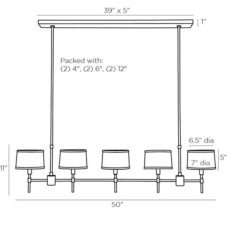 Luciano Handmade Bronze Steel 5-Light Linear Chandelier with White Linen Shades