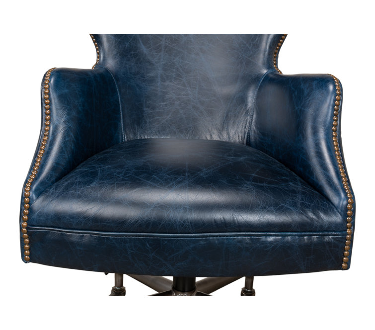 Chateau Blue Leather Swivel Arm Chair with Metal Base