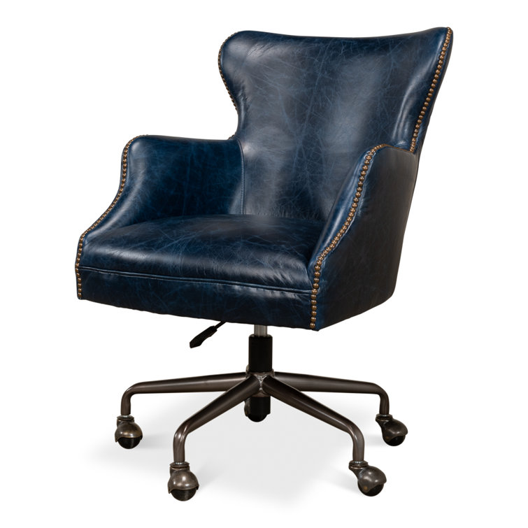 Chateau Blue Leather Swivel Arm Chair with Metal Base