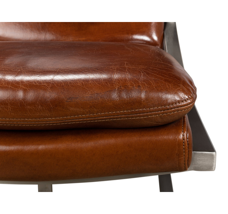 Brown Genuine Leather and Metal Armless Chair