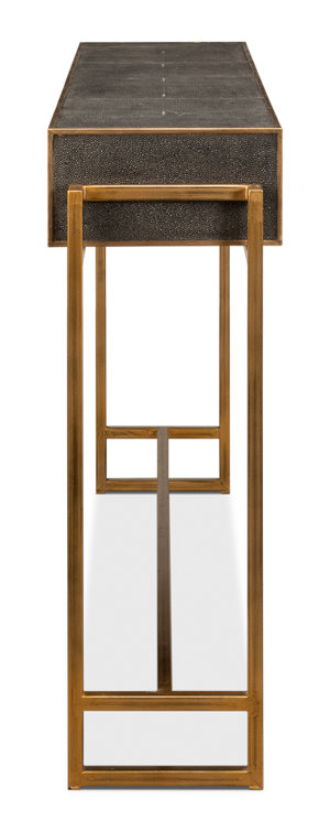 Gold and Gray Shagreen Leather Console Table with Storage