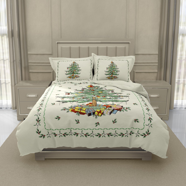 Ivory Christmas Tree Print Queen Flannel Sheet Set