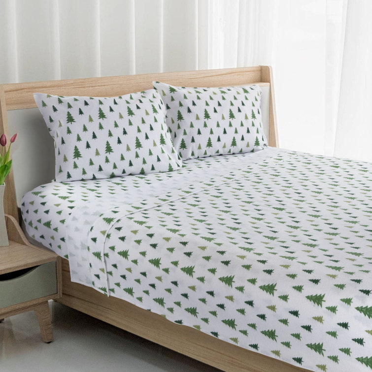 Ivory Christmas Tree Print Queen Flannel Sheet Set